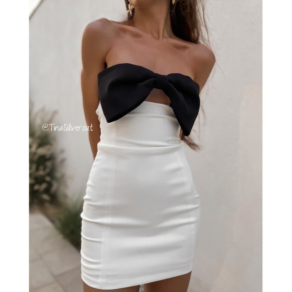 BLOGGER'S FAVE! Zara Strapless Bow Mini Dress White Black NWT - Picture 13 of 17